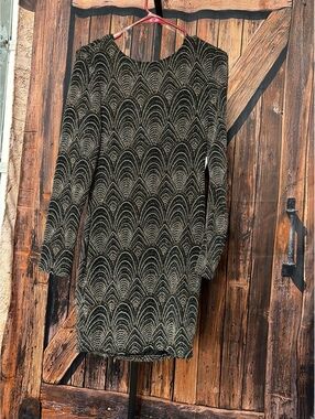 IRIS Women's Black and Gold Patterned Long Sleeve Dress Size 1X
